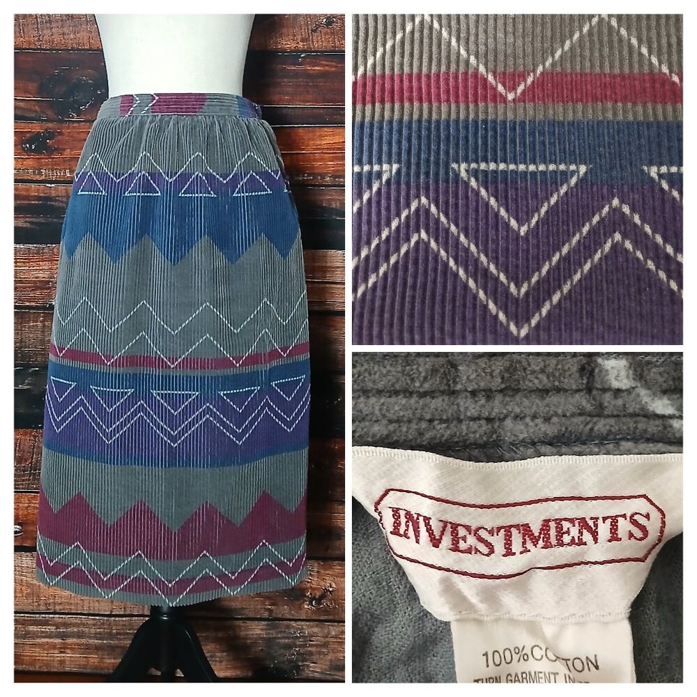 Investments Vintage Corduroy Midi Skirt 29" Waist Made in Japan Geometric Retro